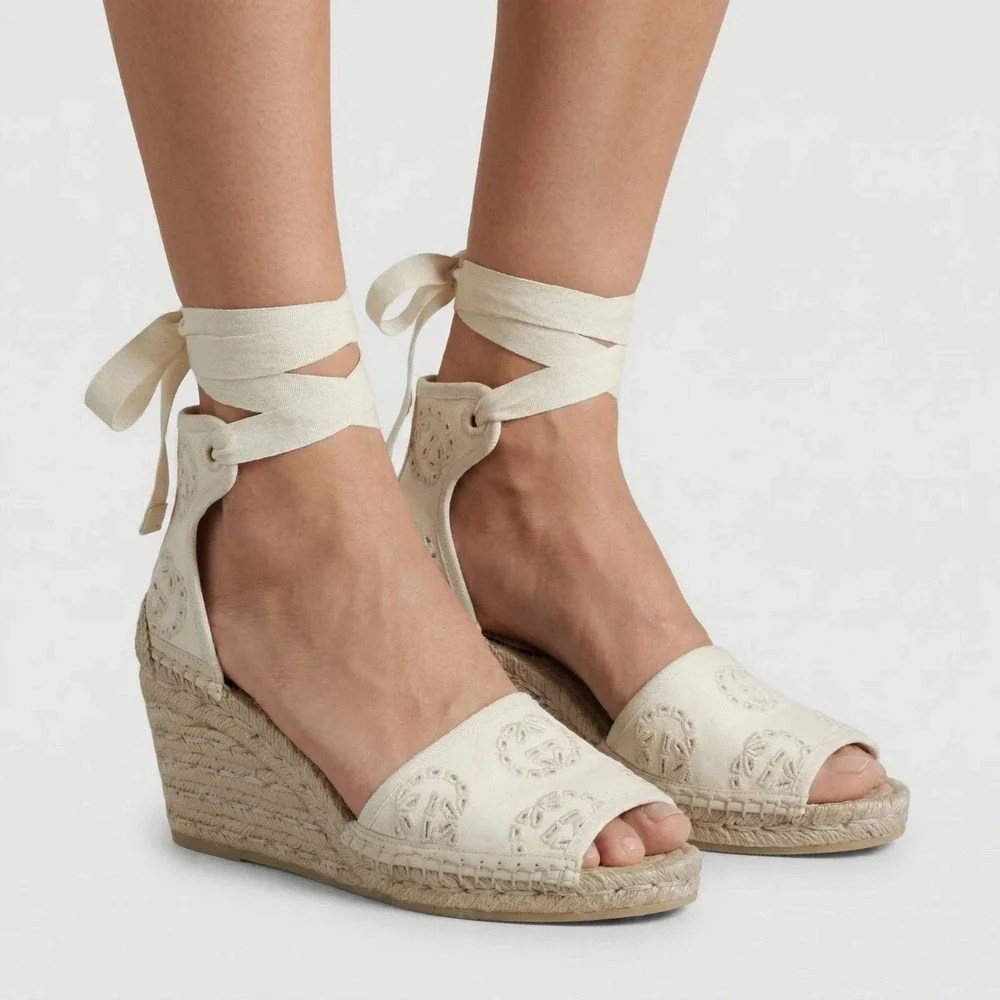Gucci GG Damita Espadrille Wedge Sandal Eyelet Beige Canvas EU 36.5 US 6.5